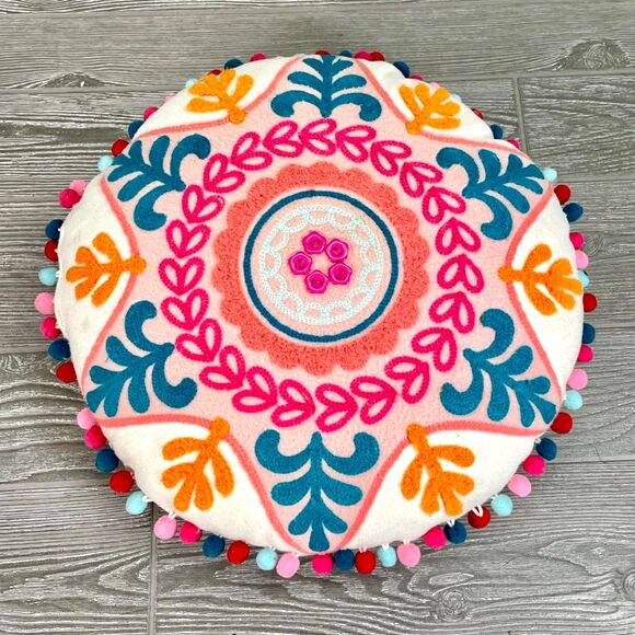 Boho Bohemian Style Mandala Round Throw Pillow Hippie Chic Pink Teal Pom Tassles - Picture 1 of 11